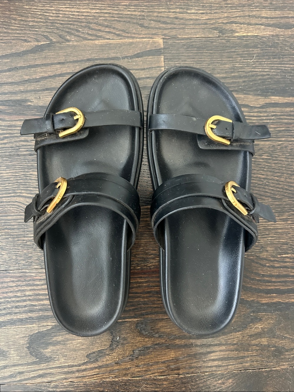 Zara Black Slide Sandals with Gold Buckles